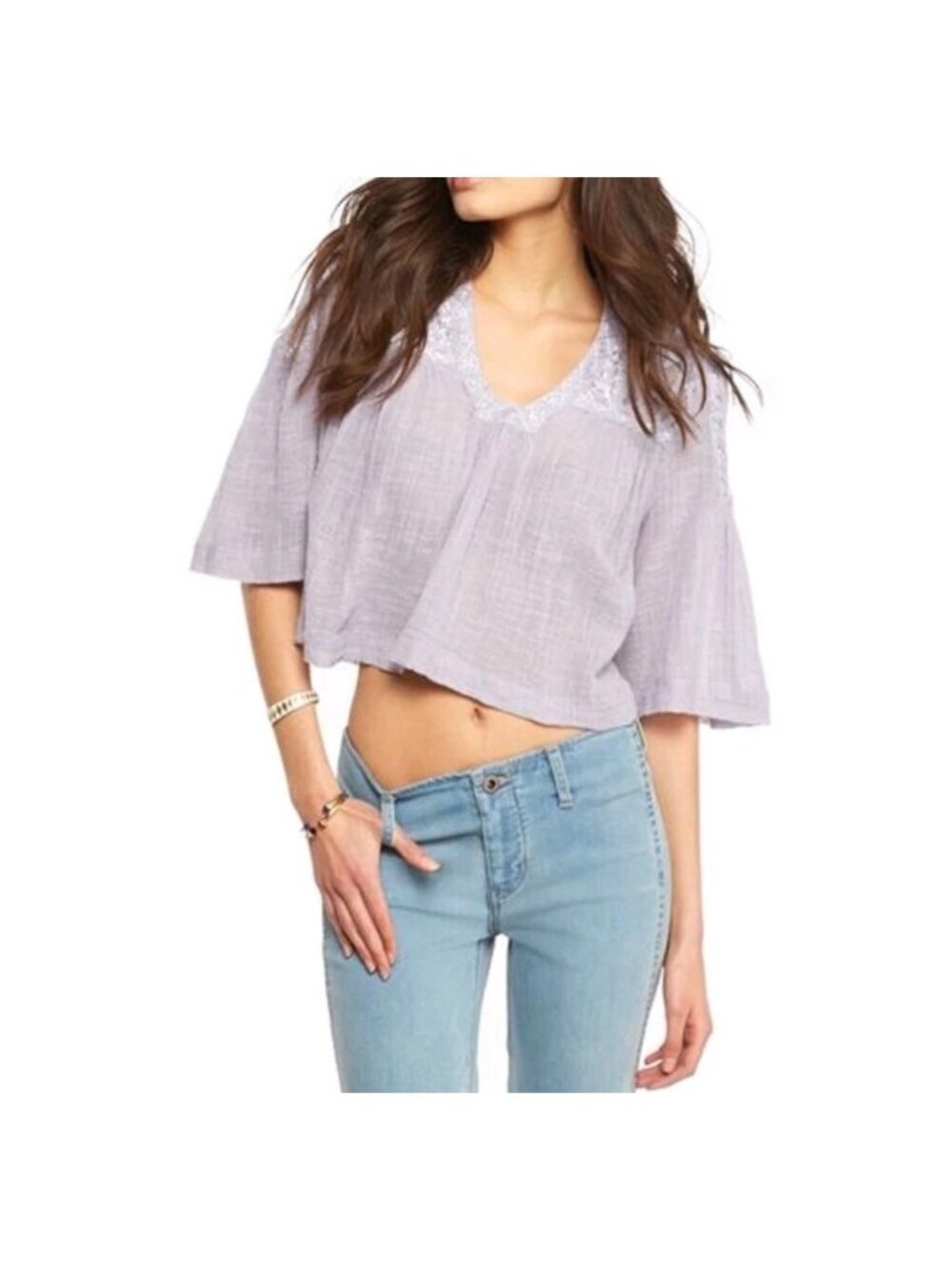 Free People Embroidered Lace Cropped Blouse Lavender Lilac Purple Top XS